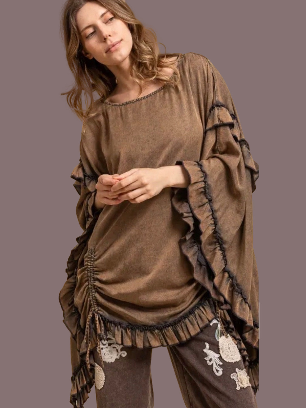 BLUE VELVET Ruffle Detail Boho Poncho Oversized NWT